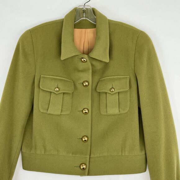 Vintage Olive Green Wool Blend Cropped Jacket Women’s Sz 8 Gold Button Military - Picture 9 of 16